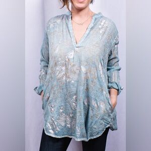 DOLMA light blue semi sheer cotton foil metallic gold floral long sleeve tunic